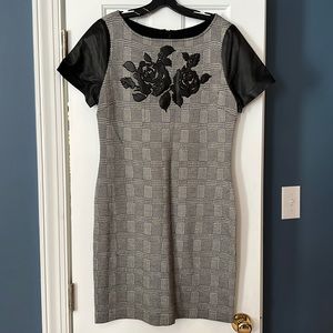 St. John black and white plaid dress with roses